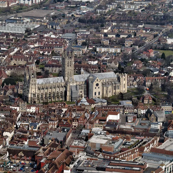 Canterbury cathedral and its surroundings shot from the air.