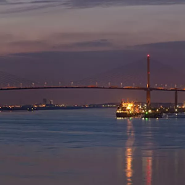 A panoramic view of the Queen Elizabeth II Bridge in Dartford, England, as viewed from Greenhithe in Kent.