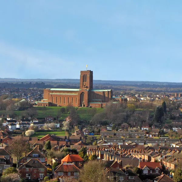 Guildford Cathedral and it's surroundings shot from a height.