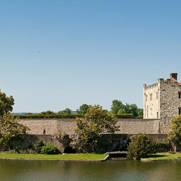 The rear side of Leeds Castle in Kent, England, showing the moat structure.
